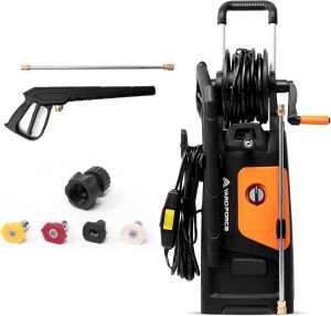 Yard Force Pressure Washer Electric Powered EW U20 - 2000 PSI 2.3 GPM Power Washer with Hose Reel, Portable Washer with 4 Quick Connect Nozzles & 25 FT Hose for Cars, Fences, Patios