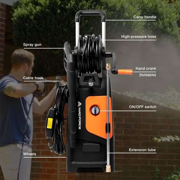 Yard Force Pressure Washer Electric Powered EW U20 - 2000 PSI 2.3 GPM Power Washer with Hose Reel, Portable Washer with 4 Quick Connect Nozzles & 25 FT Hose for Cars, Fences, Patios - Image 2